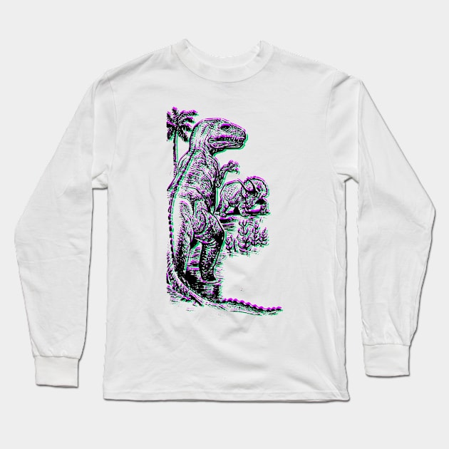 Vintage T-Rex Fighting Triceratops retro purple and green faux 3d Long Sleeve T-Shirt by MacSquiddles